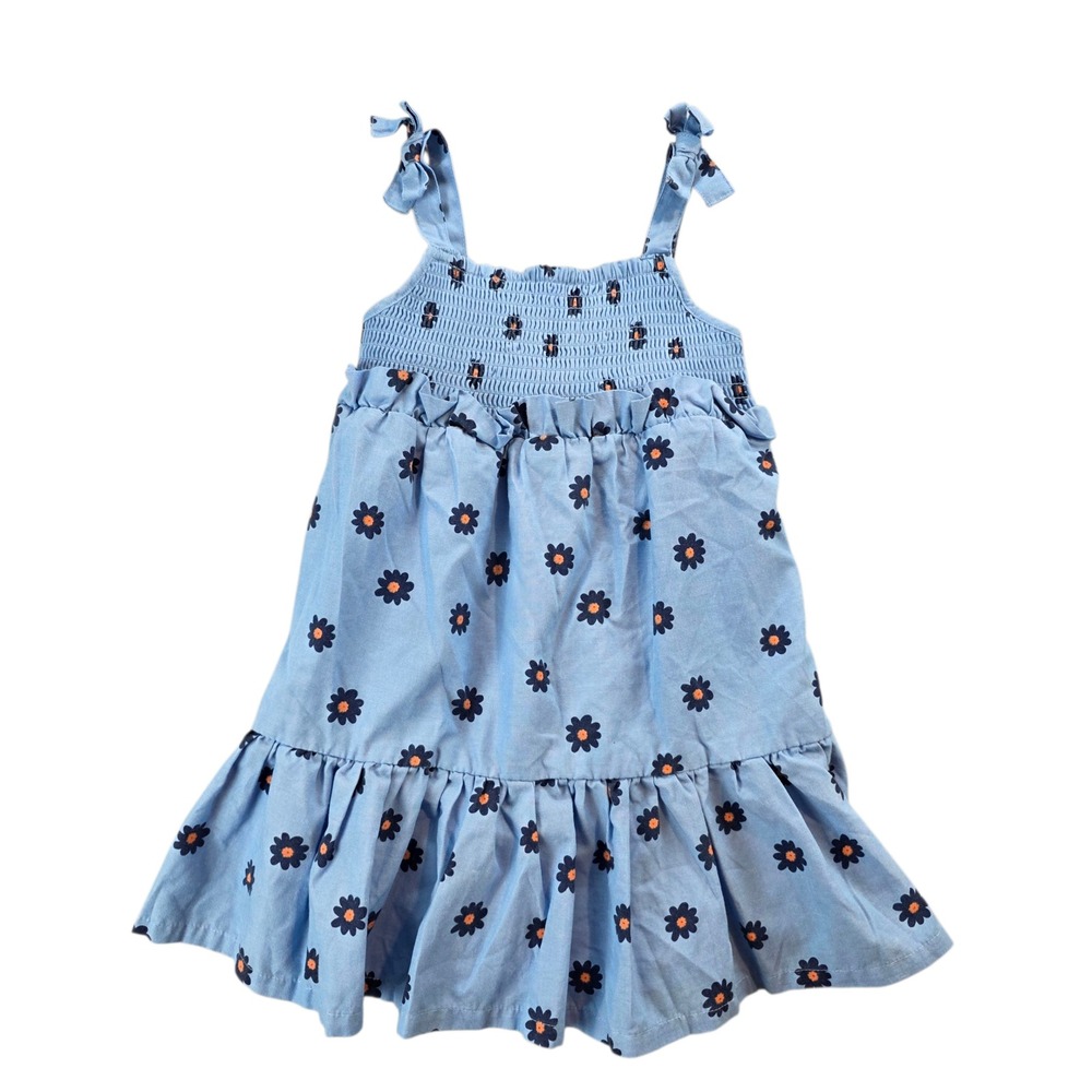 Tucker Tate Girls Blue Floral Print Dress Sleeveless Smocked Ruffle Trim Size‎ 4